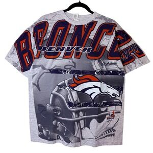 Vintage 90's Denver Broncos NFL Football All Over Print T Shirt Tee Sz L Riddell